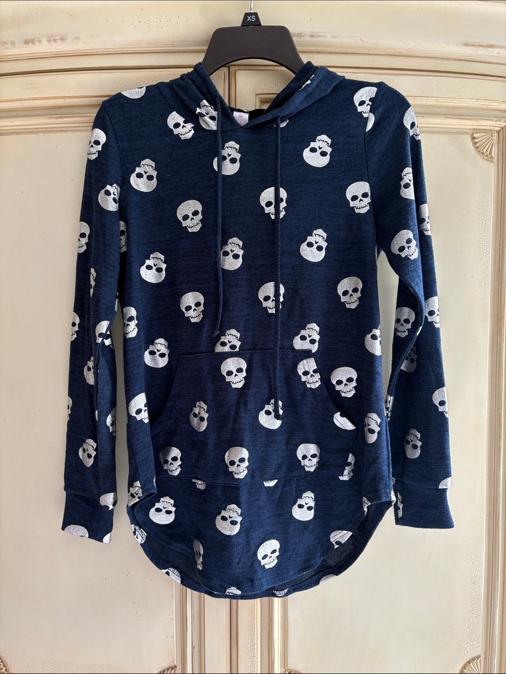 No Boundaries Navy Hooded Top with Silver Metallic Skull Print